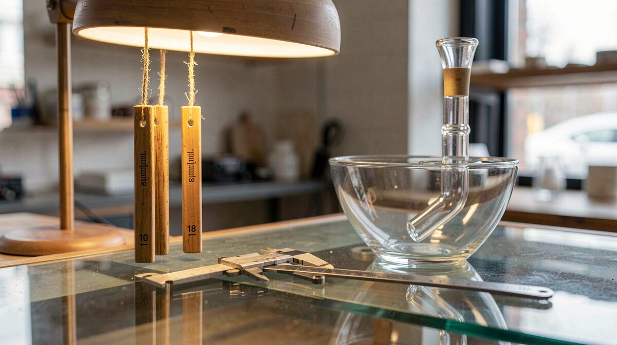 A glass shop counter under a warm bench lamp, three hardwood dowel gauges marked 10, 14 and 18 millimetres on a string, a caliper open beside a borosilicate bowl and downstem seated as a pair, shallow depth of field.