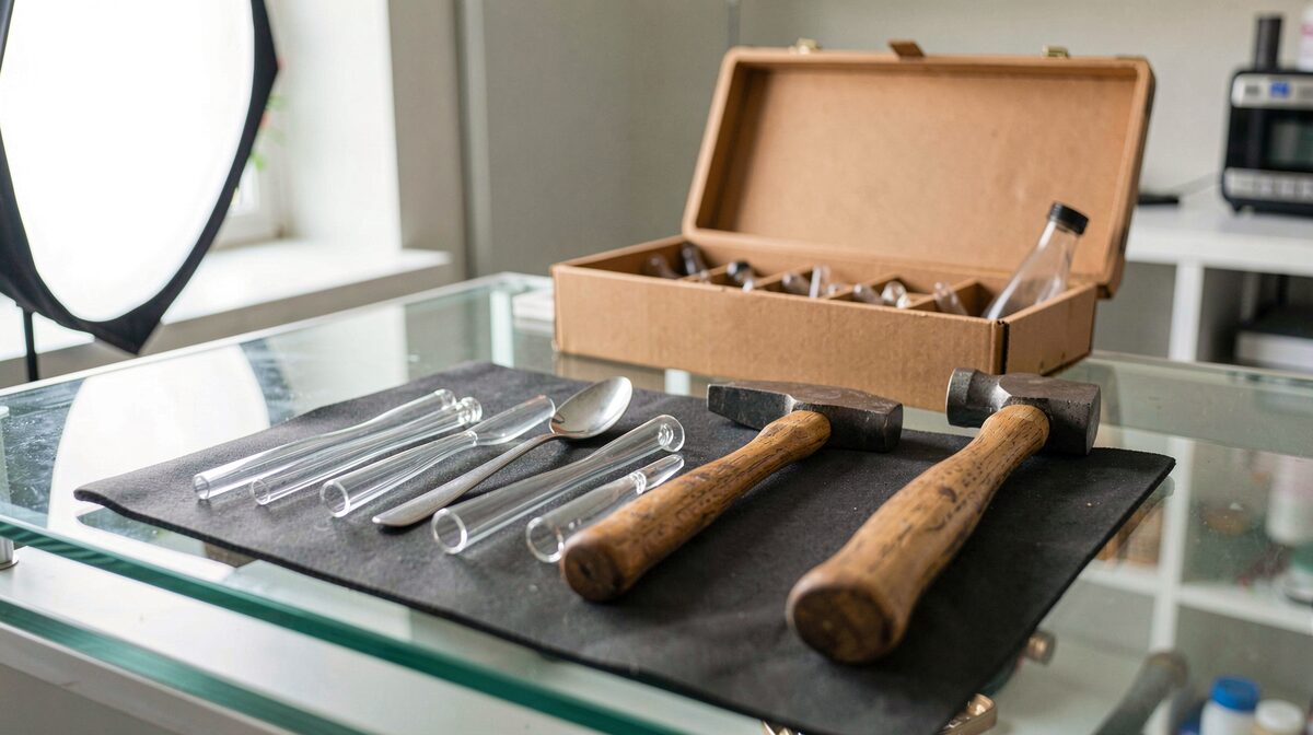 A glass shop counter at midday, four forms of borosilicate pipe laid in a row on a dark mat, a spoon, a hammer, a chillum and a bat, with a softbox light from the left and a cardboard case pack open behind them.